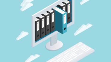 Colored documents cloud isometric composition with computer monitor and data books inside vector illustration