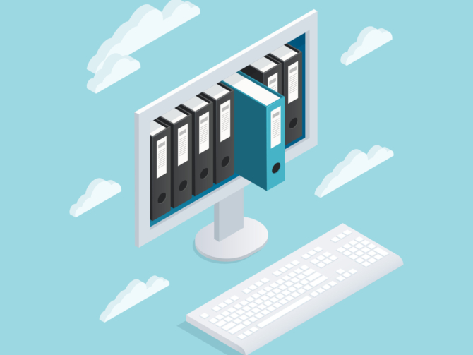 Colored documents cloud isometric composition with computer monitor and data books inside vector illustration